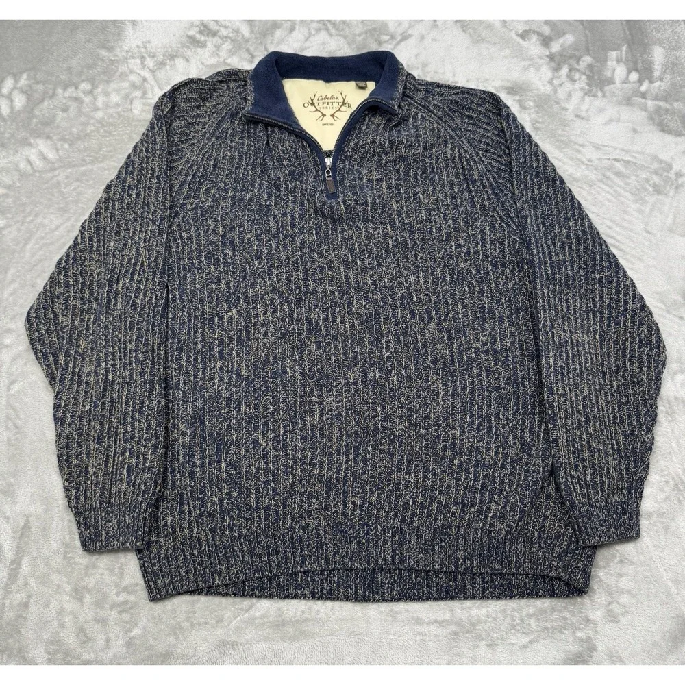 Cabelas Knit 1/4 Zip Sweater Mens 2XL XXL Blue Pullover Sweatshirt Hunting Trail